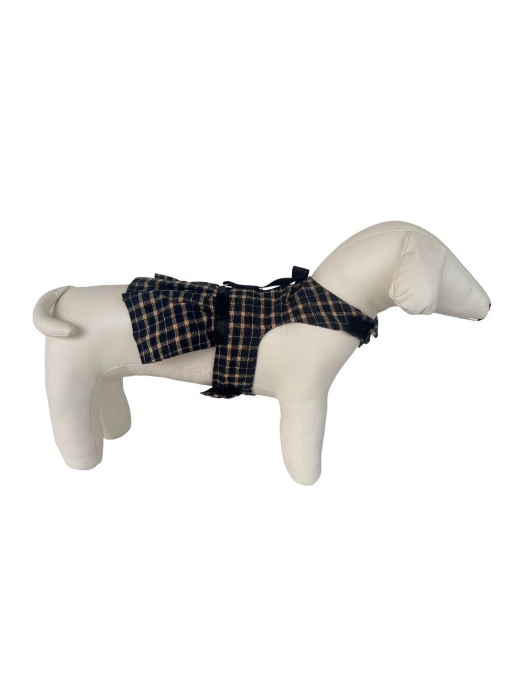 Handmade Small Dog Adjustable Dress Outfit w Harness Plaid Beige & Black